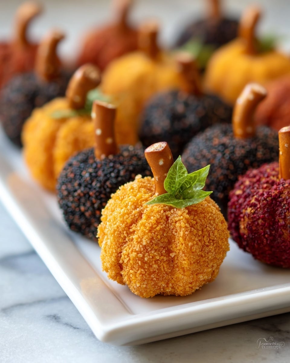 The image shows several small cheese balls shaped like pumpkins arranged on a white rectangular plate over a white marbled surface. Each cheese ball is coated with different toppings for color and texture: the closest one is bright orange with a coarse crumb coating and has a pretzel stick as a stem with a small green parsley leaf beside it. Behind it are more pumpkin-shaped cheese balls coated with dark red powder, black and white sesame seeds, and light orange crumbs, all with pretzel sticks in the middle as stems. The cheese balls are arranged in neat rows, giving a festive and colorful look. photo taken with an iphone --ar 4:5 --v 7