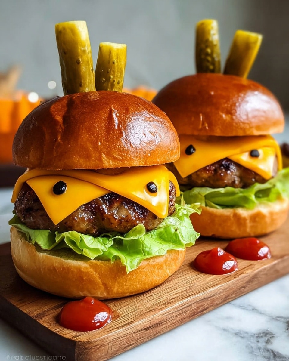 Three burgers are placed on a wooden board on a white marbled surface. Each burger has a shiny orange bun with a carved pumpkin face showing two triangular eyes and a small triangle nose in dark brown, with the bun top featuring a small orange rectangular stem. Inside, there are two dark brown patties stacked with melted orange cheese slices between them and green lettuce at the bottom above the bun base. Around the board are small decorative orange, yellow, and red chili peppers. The photo taken with an iphone --ar 4:5 --v 7