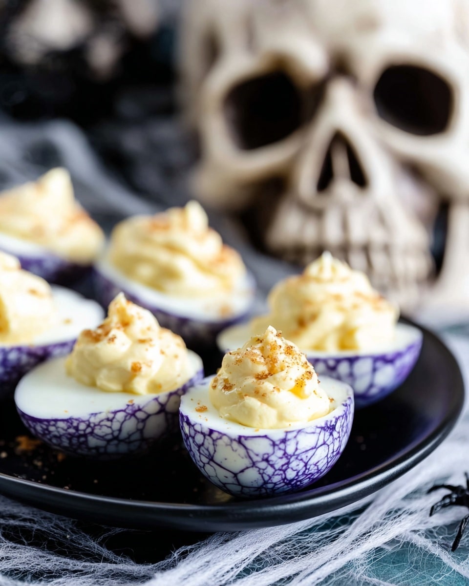 The image shows a plate of marbled purple cracked eggs, each halved with a smooth white base layered with a pale yellow creamy filling on top, sprinkled with small orange-brown crumbs. The eggs have a striking purple web-like pattern on the shell surface. These are arranged on a matte black plate resting on a white marbled textured cloth. In the background, there is a decorative skull with deep dark eye sockets, slightly blurred. Photo taken with an iphone --ar 4:5 --v 7