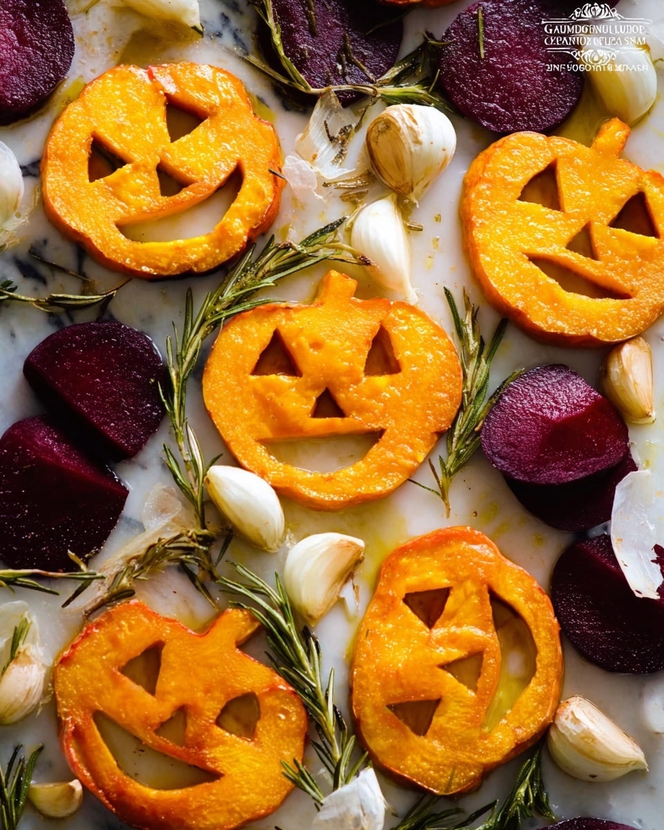 The image shows a white plate with several layers of bright orange slices carved into jack-o'-lantern faces, scattered evenly across the plate. Among these orange smiling faces are darker red, rough-textured beet slices with a rich, deep red color placed mostly to the left. Small whole garlic bulbs and peeled garlic cloves with a smooth creamy white surface are spread around the plate. Thin green sprigs of rosemary add a touch of fresh color, lying intertwined with the other ingredients. The whole setup is on a white marbled textured surface, giving it an elegant and clean look. photo taken with an iphone --ar 4:5 --v 7