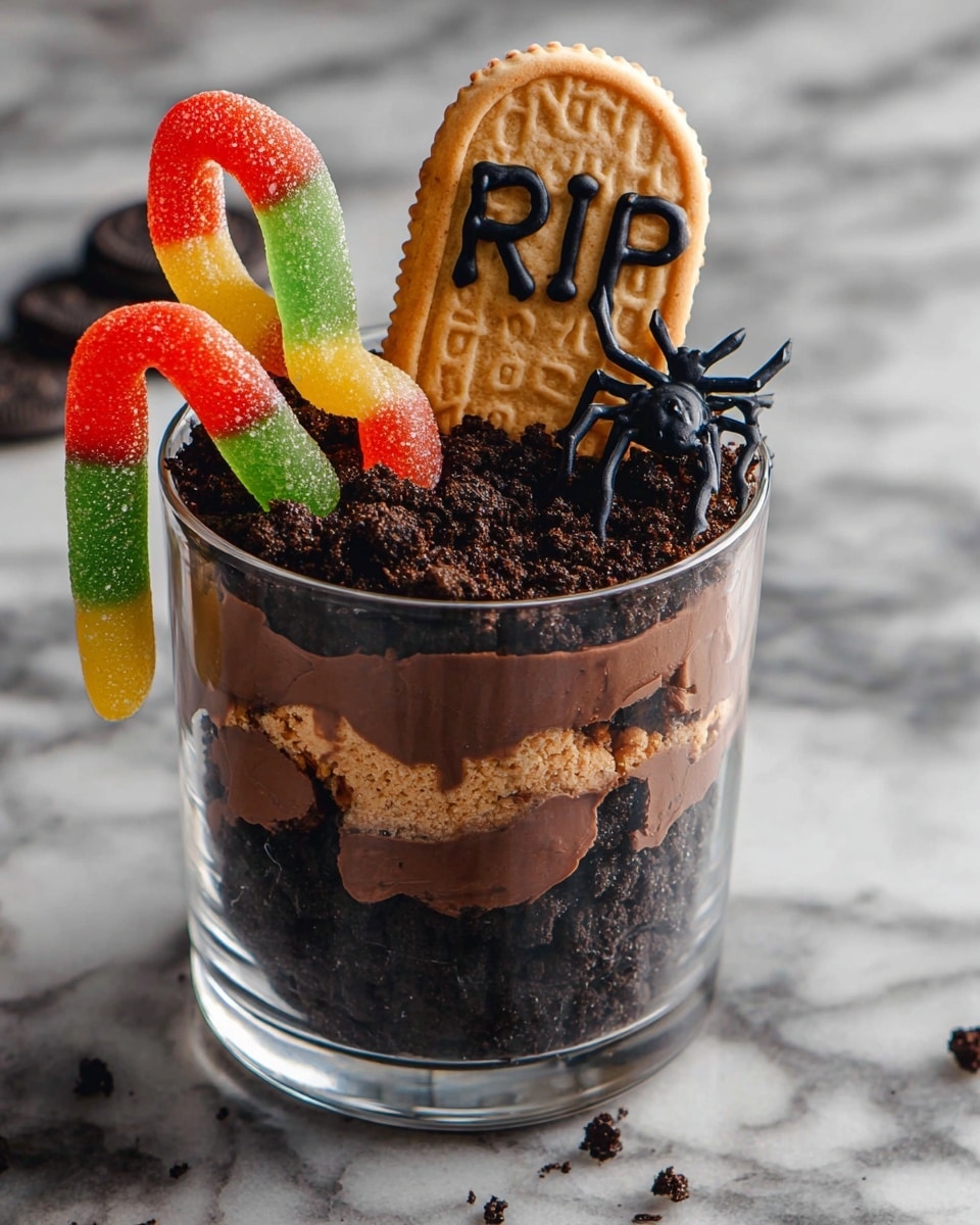 A clear glass cup shows a Halloween-themed dessert with three layers: the bottom layer is dark, crumbly chocolate resembling dirt; the middle layer is smooth, dark chocolate mousse; and the top layer is another crumbly chocolate layer like dirt. On top stands a small, light tan cookie shaped like a tombstone with
