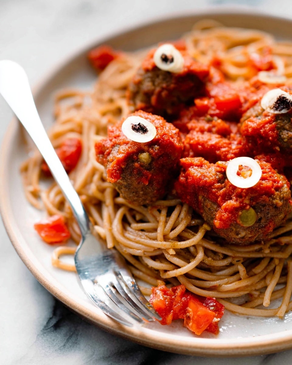 This image shows a close-up of a plate with spaghetti and meatballs. There are several spaghetti nests at the bottom with smooth, pale yellow noodles. Each nest is topped with a round meatball that has a rough, brown texture. On top of each meatball, there is a layer of bright red tomato sauce with chunky bits, and a small slice of white garlic with a dark spot in the center. The plate is white with a slight shine, and the background is a white marbled texture. A silver fork is partially visible, gently touching the spaghetti. photo taken with an iphone --ar 4:5 --v 7
