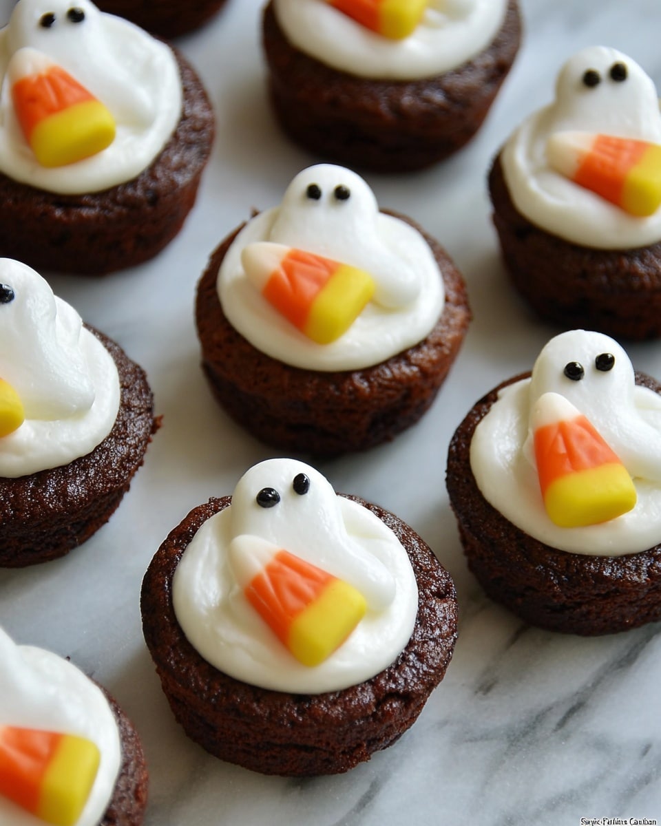 The image shows small round brown cakes arranged closely on a large white plate with detailed edges, each cake topped with a fluffy white swirl of frosting. On top of each frosting swirl sits a small candy decoration shaped like candy corn with added pink and white details to resemble a ghost or a cute character. The plate is placed on a white marbled surface with a black and orange spider web cloth underneath, and a Halloween-themed black lantern with cut-out windows is blurred in the background. Near the plate, Halloween-themed orange and black napkins with the word
