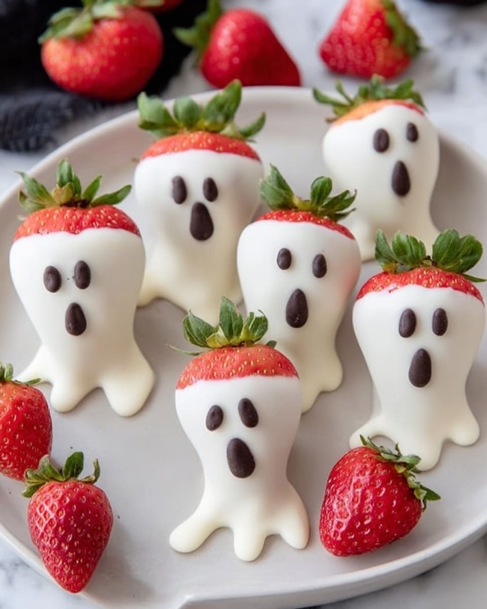 A black plate holds six strawberries dipped in smooth white coating, each shaped like a little ghost with a small curved tail at the bottom. The strawberries' green leaves peek out from the top, and each ghost has two small round dark eyes and a larger dark mouth made from a chocolate-like material, giving a surprised expression. Around the plate, fresh red strawberries with green leaves rest on a white marbled surface with a spider web cloth underneath, creating a Halloween theme. photo taken with an iphone --ar 4:5 --v 7