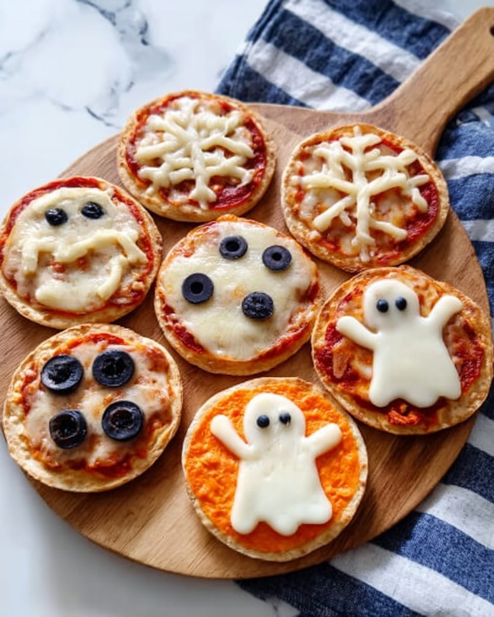 Six mini pizzas sit on a round wooden board with a handle, placed on a white marbled surface with a blue and white striped cloth underneath. Each pizza has one layer of light golden crust, a layer of red tomato sauce, and varied toppings of melted white cheese shaped into Halloween designs: a spider with black olive pieces, a ghost with black olive eyes, a paw print with black olives, two pumpkin faces with cheese cutouts, and a pizza with green and white cheese strips. The melted cheese has a smooth, slightly shiny texture, while the crust looks soft and slightly toasted. photo taken with an iphone --ar 4:5 --v 7