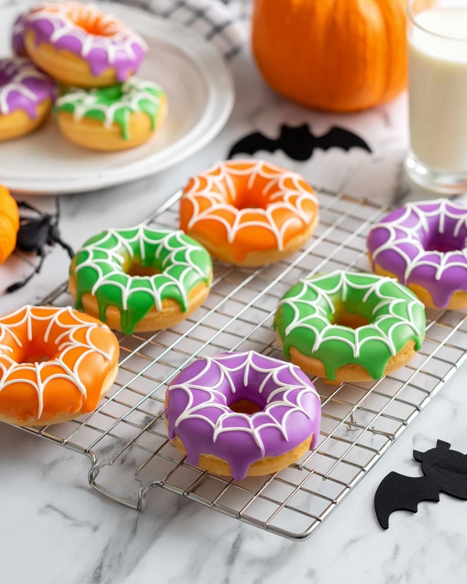The image shows six doughnuts on a gold cooling rack over a white marbled surface. Each doughnut has a smooth glaze layer in bright colors: two orange, two green, and two purple. On top of the glaze, there is a white icing decoration designed to look like spider webs, with lines and curves spreading from the center hole to the outer edge of each doughnut. In the background, on a white plate, there is another purple-glazed doughnut with the same white web icing, resting on an orange cloth napkin. Small black paper cutouts shaped like bats and a spider are placed on the white marbled surface around the rack. A glass of milk is partially visible on the right side. Photo taken with an iphone --ar 4:5 --v 7