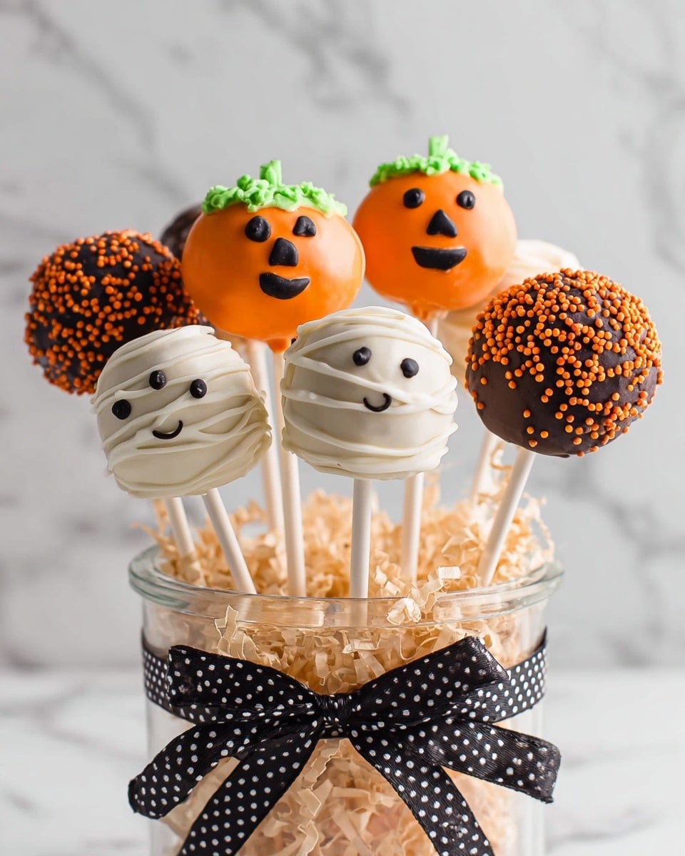 The image shows a close-up of a pumpkin-shaped cake pop on a white stick. The cake pop is covered with smooth orange coating and has a smiling face made with black triangular eyes, a small black triangle nose, and a curved black smile. On top, there is a small green swirl representing the pumpkin stem. In the background, there are several more cake pops in white and orange with some black decoration, all set on a bed of light brown textured material inside a white bowl. The whole scene is placed on a white marbled surface. photo taken with an iphone --ar 4:5 --v 7