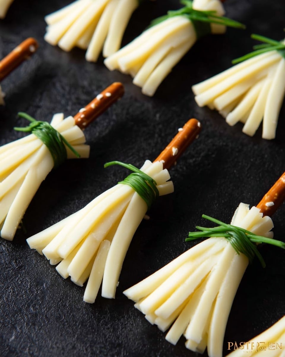 The image shows several small broom-shaped snacks arranged on a dark textured surface with a white marbled texture in the background. Each snack is made of a thin, light cream-colored cheese layer that is shredded into strips at the bottom to look like broom bristles. The cheese is wrapped around the top end of a thin, light brown pretzel stick, acting as the broom handle. A thin green chive is tied around the cheese near the top and middle sections, helping hold the cheese strips in place and adding a touch of color contrast. The brooms lie spaced out in neat rows across the surface. photo taken with an iphone --ar 4:5 --v 7