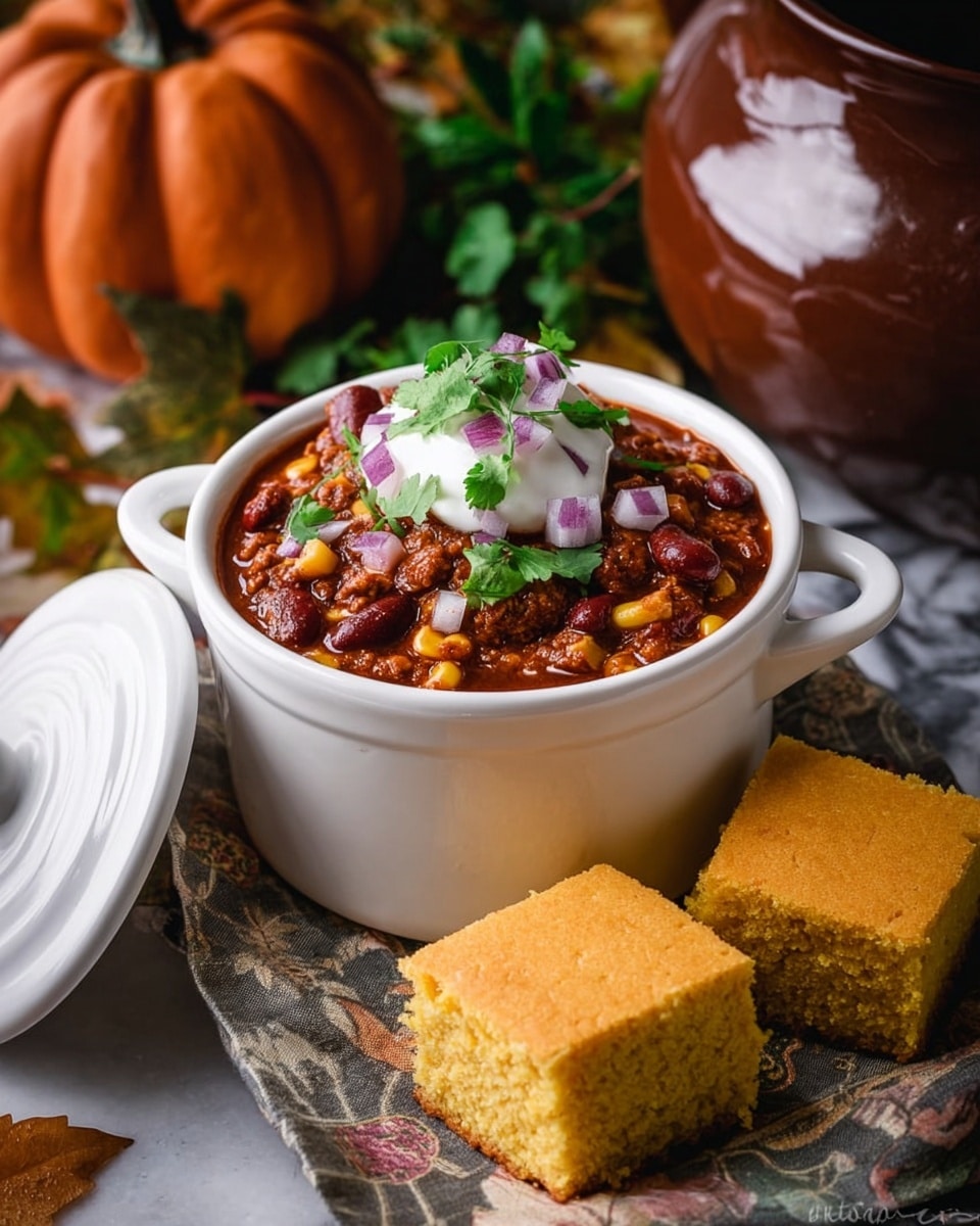 A white bowl with a lid rests on a rough cloth on a white marbled surface. The bowl is filled with thick chili that has visible layers of brown ground meat, red beans, yellow corn, and red tomato sauce. On top lies a dollop of white cream, sprinkled with chopped purple onions and green cilantro leaves. Pieces of golden-yellow cornbread sit near the bowl, with one piece broken apart showing a soft texture inside. Behind the bowl, a large orange pumpkin-shaped container adds a cozy background touch, and an old silver spoon and fork lie to the right side. photo taken with an iphone --ar 4:5 --v 7