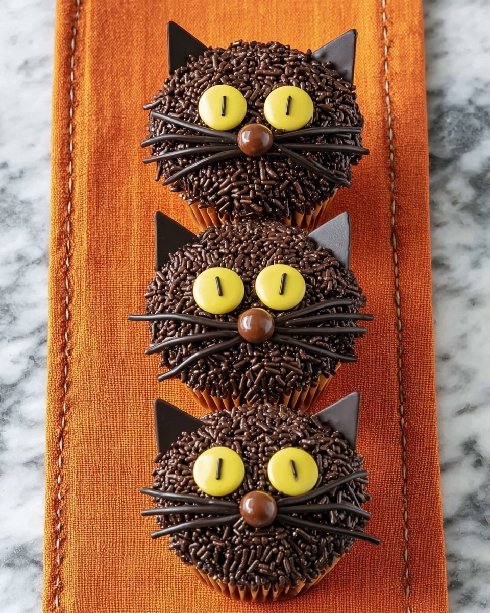 Three round cupcakes covered fully with dark brown chocolate sprinkles are placed in a straight vertical line on an orange cloth over a white marbled surface. Each cupcake has two triangular dark chocolate pieces at the top acting as cat ears. There are two round yellow candy pieces with a single black stripe on each for the eyes, a small round chocolate candy for the nose, and three thin chocolate sticks on each side for whiskers, giving the cupcakes the look of black cat faces. The texture of the chocolate sprinkles is rough, contrasting with the smooth candies used for eyes and nose. photo taken with an iphone --ar 4:5 --v 7