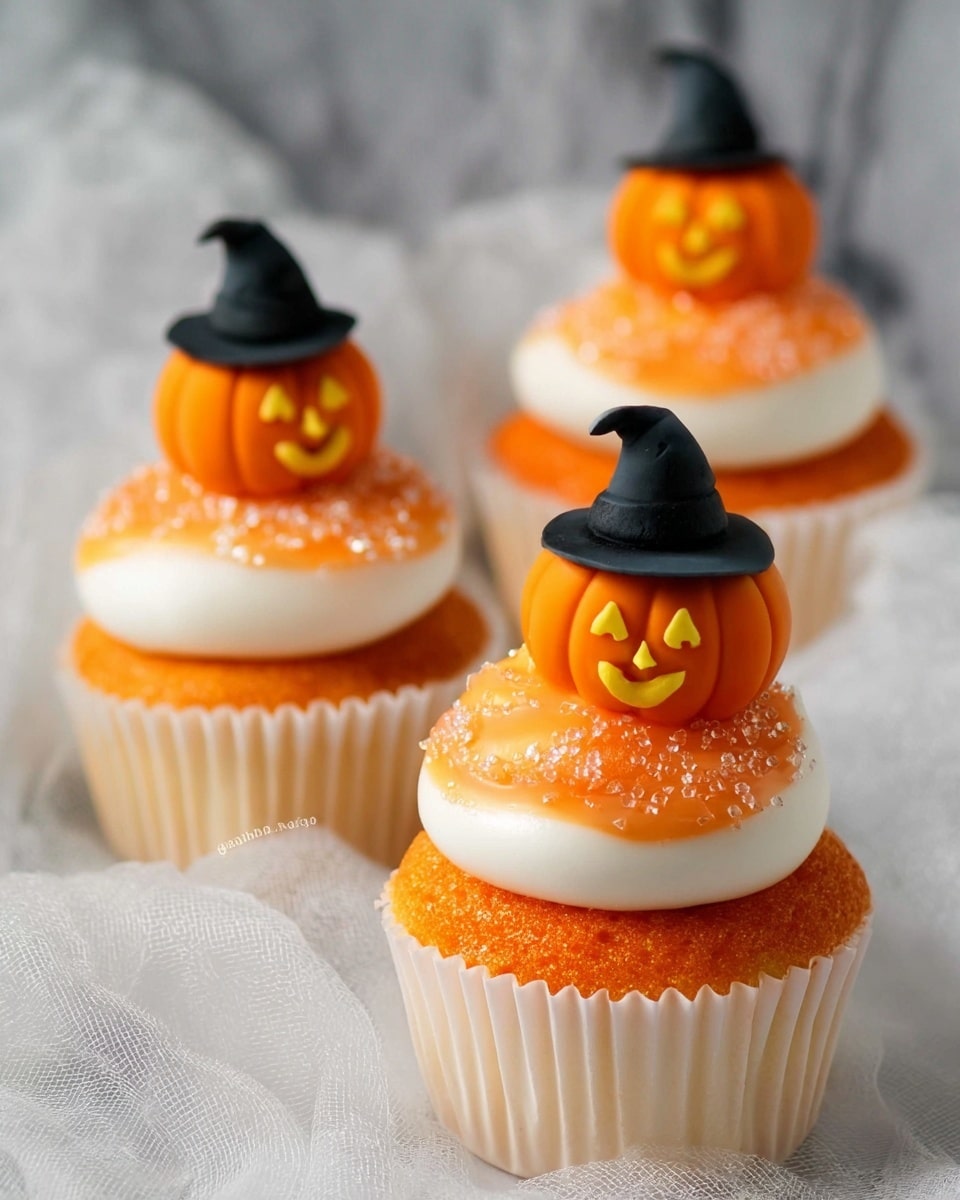 Three cupcakes sit on a white marbled surface, wrapped in white liners. Each cupcake has an orange base topped with a smooth swirl of white frosting. Half of the frosting on each cupcake is covered in sparkling orange sugar crystals. On top of each frosting swirl is a small, detailed pumpkin decoration with a smiling face and a small black witch hat. The cupcakes rest on a white, loosely woven cloth that adds texture to the scene photo taken with an iphone --ar 4:5 --v 7