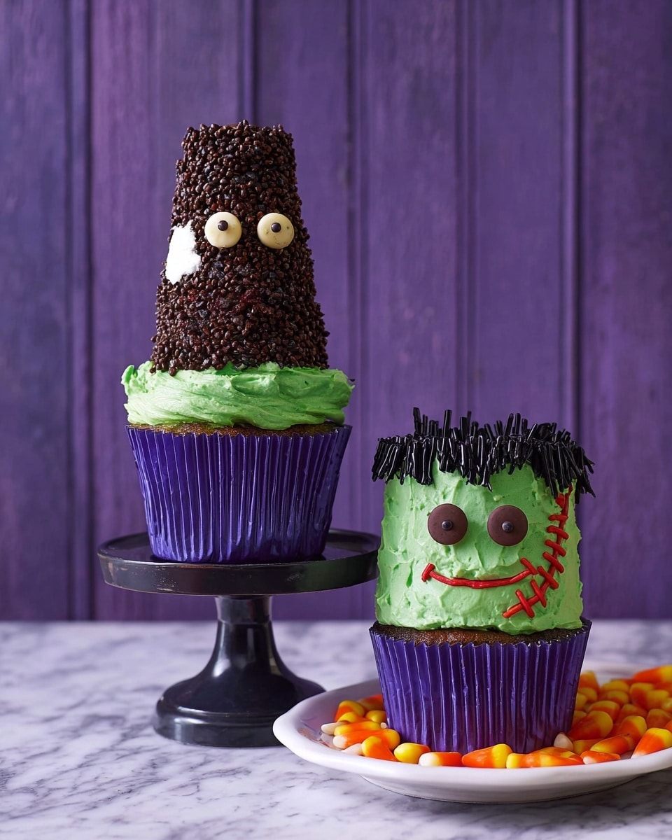 The image shows two Halloween-themed cupcakes on a white marbled surface. The left cupcake is tall with three layers: a purple cupcake liner at the base, a thick bright green frosting layer in the middle with two round dark chocolate candies as eyes and a small red frosting smile, and a tall cone-shaped top layer covered in dark brown chocolate sprinkles with a small patch of white coconut flakes. The right cupcake is shorter, also with a purple cupcake liner and thick green frosting covering the whole top, decorated with two dark chocolate round candies for eyes, a black frosting smile, red frosting stitches on one side, black licorice pieces as bolts on each side of the head, and a row of chocolate sprinkles on top acting like hair. Both cupcakes are placed on a black cake stand on the left and a gold plate filled with orange candies on the right. The background is purple wood paneling. photo taken with an iphone --ar 4:5 --v 7