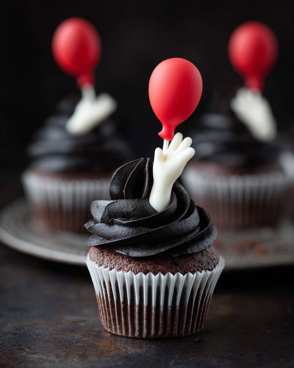 This image shows a chocolate cupcake with a dark brown cake base in a black paper liner and a swirl of shiny, smooth black frosting on top. On the frosting sits a small white fondant figure of a baby's arm and hand reaching upward, the fingers spread out. A white stick rises from the cupcake, topped with a bright red balloon made of fondant that has a smooth, matte finish. In the background, there are more cupcakes with the same design, all placed on a white marbled surface with a dark blurred background. photo taken with an iphone --ar 4:5 --v 7