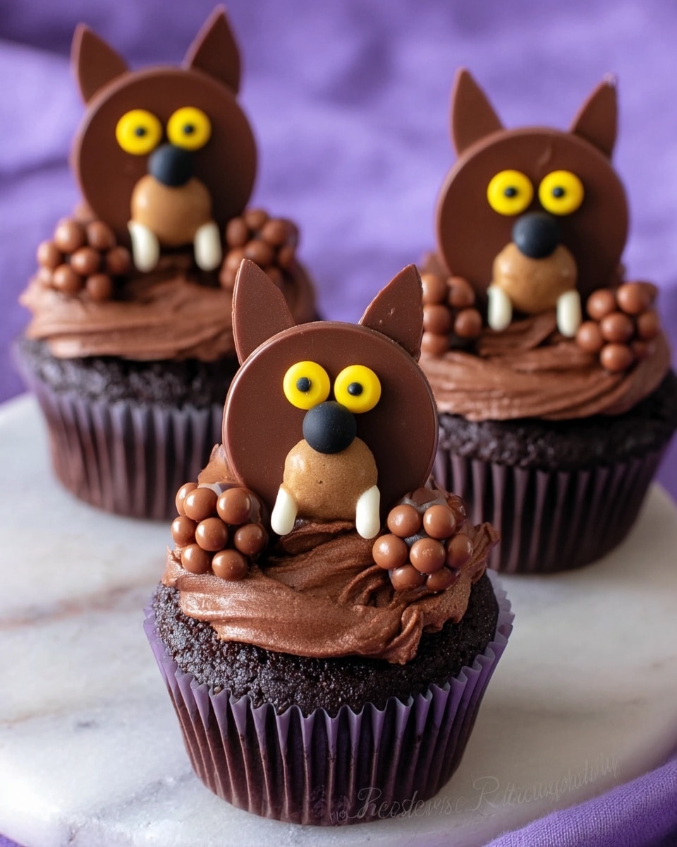 Three chocolate cupcakes are arranged on a white marbled surface with a bright blue and pink blurred background. Each cupcake has a rich dark brown base with a swirl of chocolate frosting on top. Sitting on the frosting is a textured chocolate wolf face with fur-like detail, yellow candy eyes with black pupils, a large round black nose, and small white candy teeth. Each wolf has two round brown candy balls as paws holding a tiny white bone-shaped candy. Behind the wolf face is a large round white candy piece standing upright, simulating a full moon. The cupcakes are detailed and playful, centered in the image with the closest one in sharp focus. Photo taken with an iphone --ar 4:5 --v 7