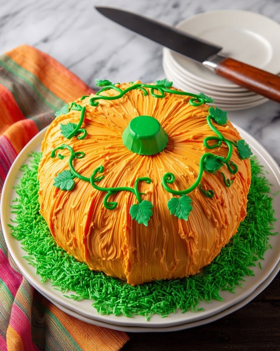 This image shows a round, pumpkin-shaped cake on a white plate sitting on a white marbled surface. The cake has a smooth orange layer of frosting with petal-like swipes creating vertical ridges around the sides, giving it the look of a pumpkin. The center is topped with a thick green frosting circle that represents the pumpkin stem, and green frosting vines and leaves curl playfully over the orange surface. Around the base of the cake, there is a ring of bright green shredded decoration that looks like grass. The scene also includes a knife with a wooden handle on the left side and a folded orange and yellow checkered cloth beneath the plate. photo taken with an iphone --ar 4:5 --v 7