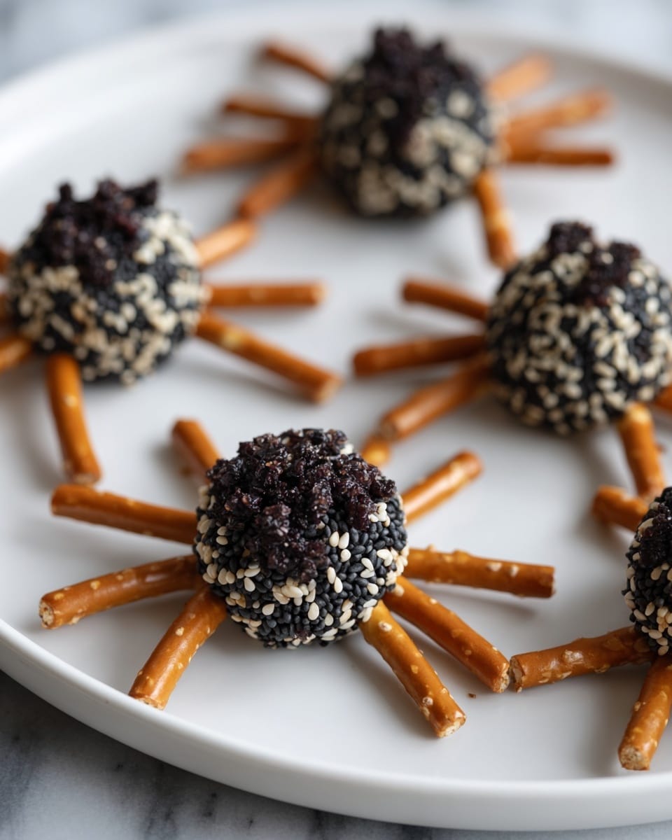 The image shows a white marbled surface with clusters of green grapes as the base layer, arranged in the center. On top of and around the grapes are several black bumpy spheres covered with white specks, each with thin pretzel sticks inserted around them to look like spider legs, with the black spheres as spider bodies. The pretzel sticks are brown and stick out in different directions. Around this main setup, there are small black plastic spiders scattered on the white marbled surface and a sheer black cloth underneath part of the display. On the lower right are two black forks beside a white plate. Photo taken with an iphone --ar 4:5 --v 7