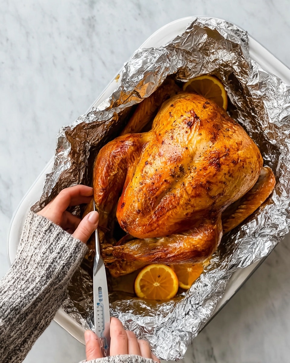 A whole golden-brown cooked turkey resting on crumpled silver foil with two orange slices placed under one wing, showing a shiny, crispy skin texture. The turkey sits on a white marbled surface. One woman's hand wearing a grey and white striped oven mitt holds the foil on the left side, while another woman's hand is using a white and black meat thermometer to check the temperature on the right side. Photo taken with an iphone --ar 4:5 --v 7
