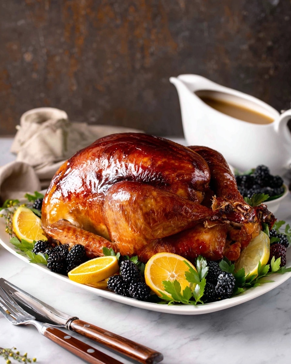 A shiny, roasted whole chicken with a deep golden brown skin rests in the middle of a white plate. Around the chicken, there are fresh green herbs, bright orange slices, yellow lemon wedges, and dark blackberries for color contrast. At the back right, a white gravy boat with brown gravy adds to the scene. The plate is placed on a white marbled surface against a dark background, giving the dish a warm and inviting look. photo taken with an iphone --ar 4:5 --v 7