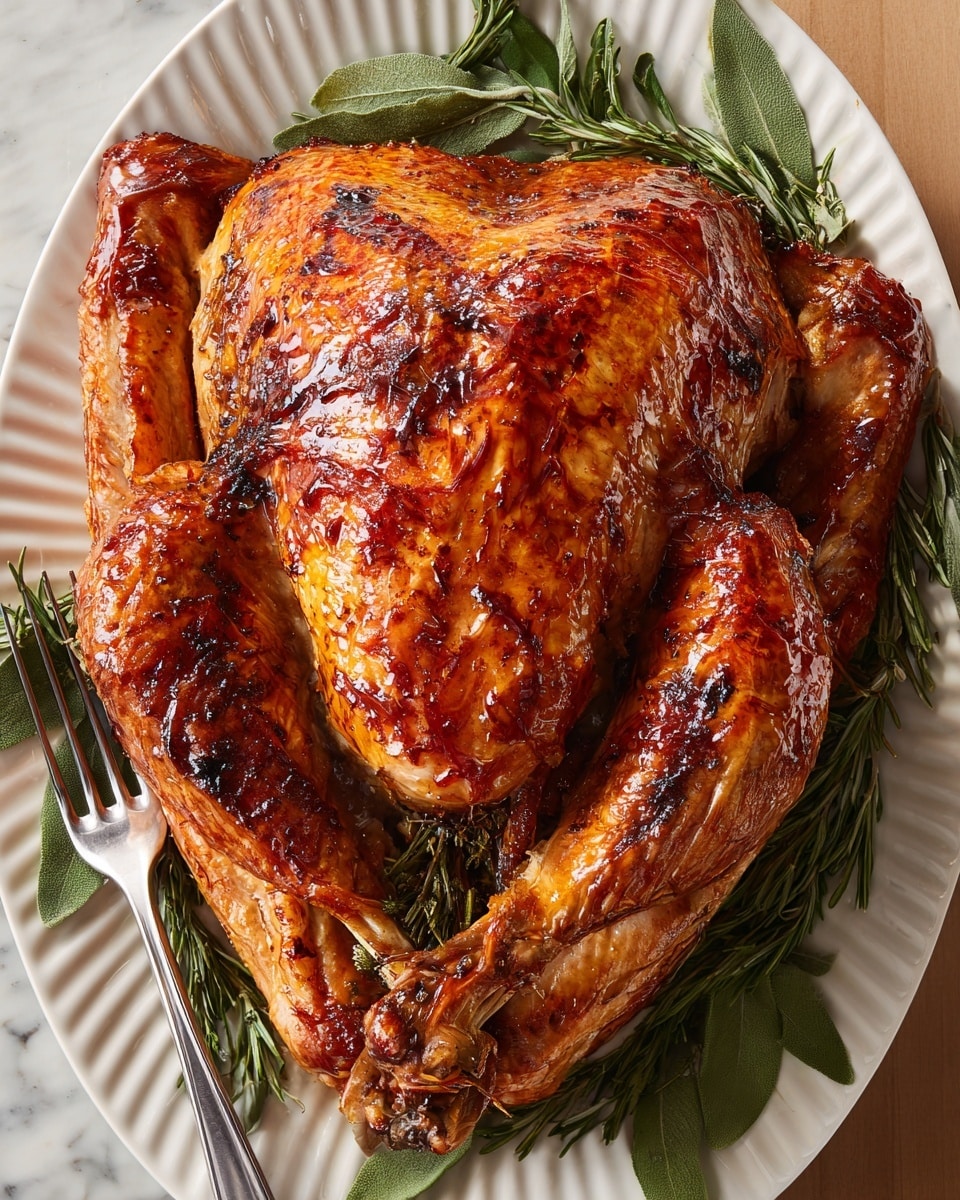A whole roasted chicken with golden brown crispy skin sits in the center of a white plate. Around the chicken, there are fresh green rosemary and sage leaves along with slices of orange and lemon, adding bright color. The chicken's legs and wings are tucked close, showing a shiny, well-cooked surface with slight charring in some spots. On one side of the plate, a bulb of roasted garlic is partially visible. The plate is placed on a white marbled surface. photo taken with an iphone --ar 4:5 --v 7