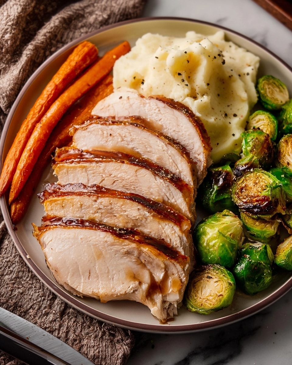 The image shows a large piece of roasted meat with a golden-brown, seasoned crust. The meat has been sliced into several thin pieces that are fanned out in front of the main roast, revealing the tender, light beige inside. The meat sits on a wooden cutting board with a sprig of green herbs visible in the background, adding a fresh touch. A woman's hand holds a carving fork on the left side, steadying the meat. The background has a white marbled texture. Photo taken with an iphone --ar 4:5 --v 7