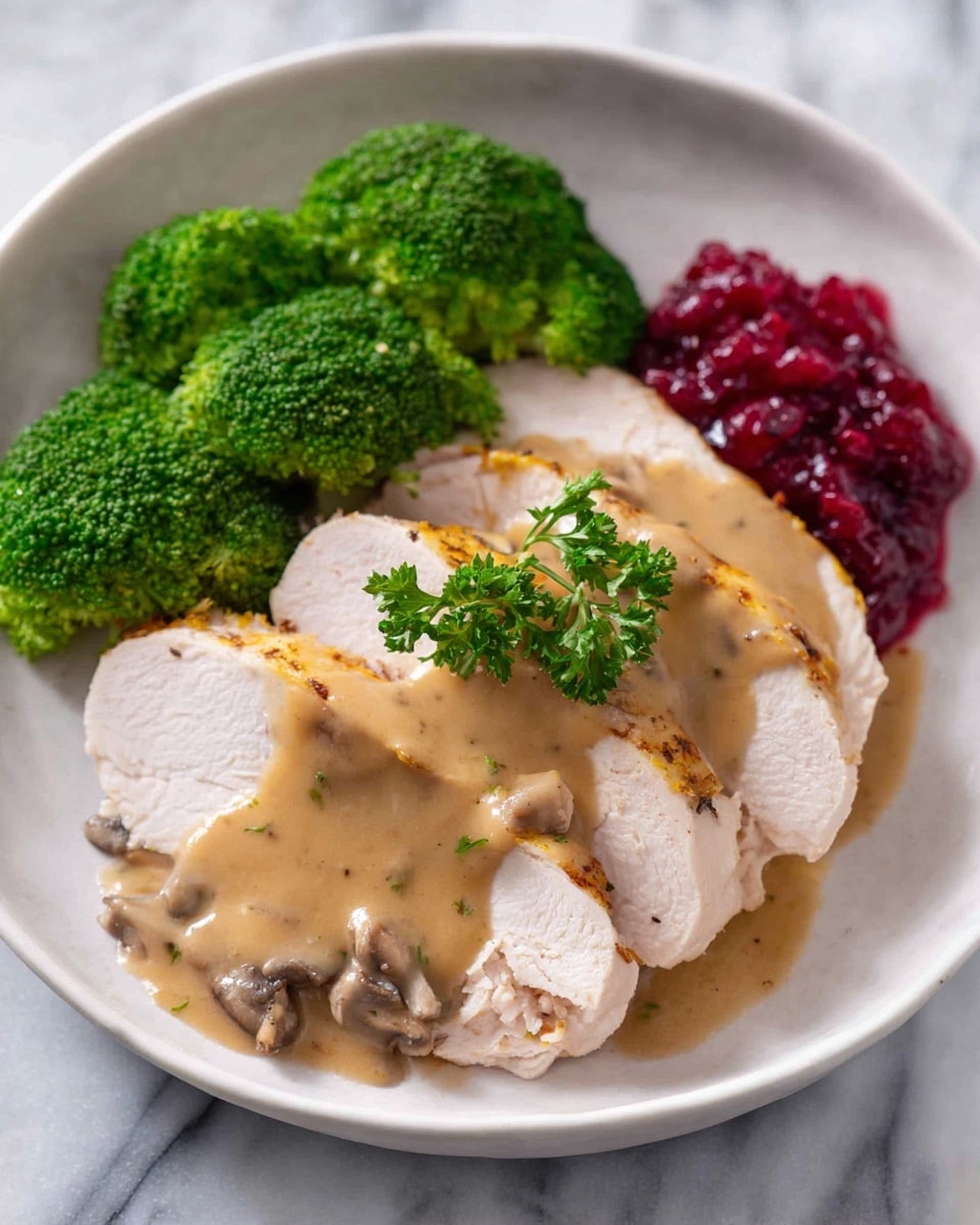 A white plate on a white marbled surface holds a meal with three main parts: on the left, bright green broccoli florets are clustered together; next to it, several thin slices of light beige cooked poultry are placed closely in a row, covered partially with a smooth, light brown mushroom gravy that has small mushroom pieces; on the right side of the plate, a small serving of chunky, dark red cranberry sauce adds color contrast. photo taken with an iphone --ar 4:5 --v 7