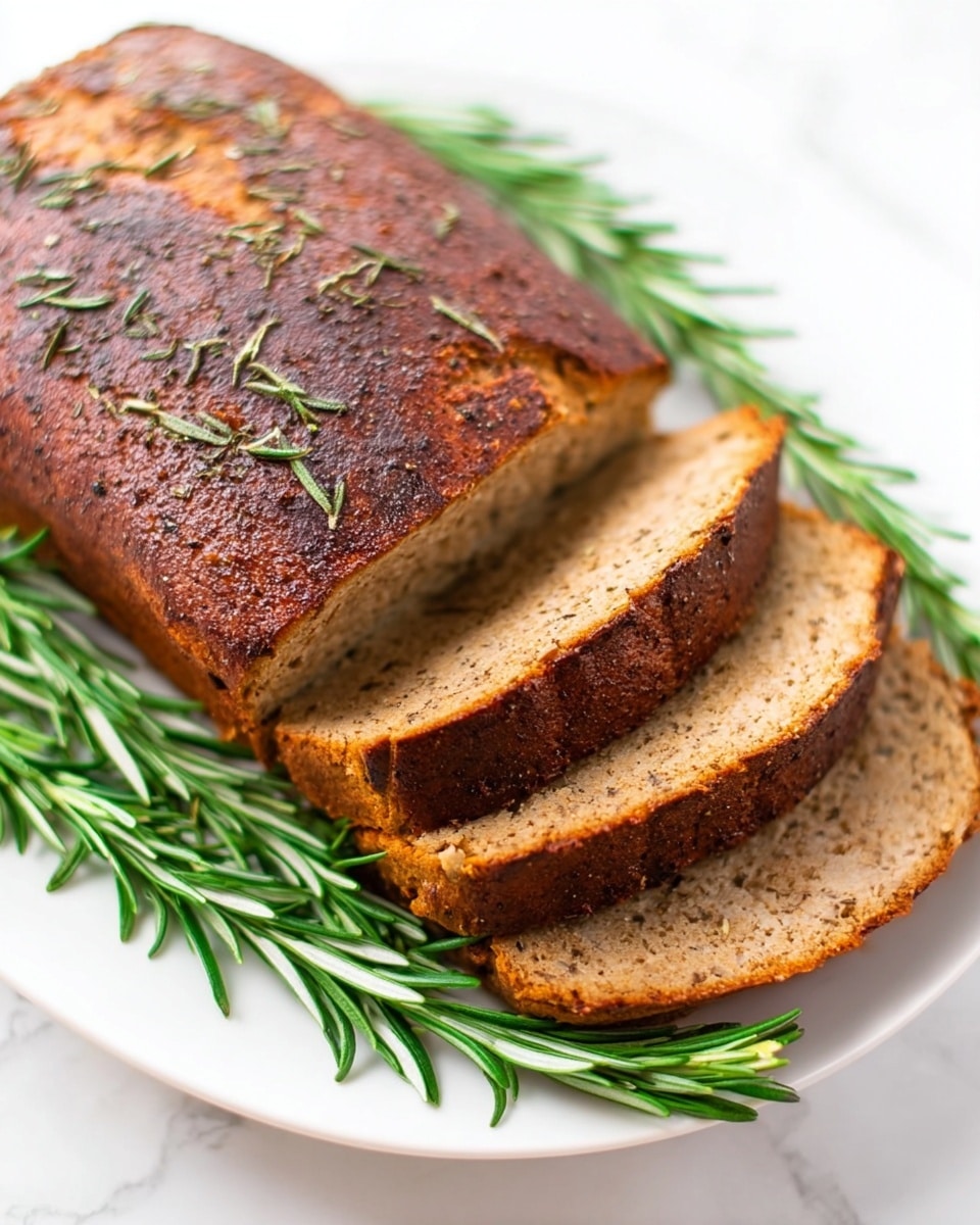 The image shows a close-up of a meatloaf with a dark brown, slightly crispy top sprinkled with small green herb leaves. The meatloaf is sliced, revealing a soft, light brown inside with a smooth texture. The slices are placed on a bed of fresh green rosemary sprigs on a white plate. The background is a white marbled surface. photo taken with an iphone --ar 4:5 --v 7
