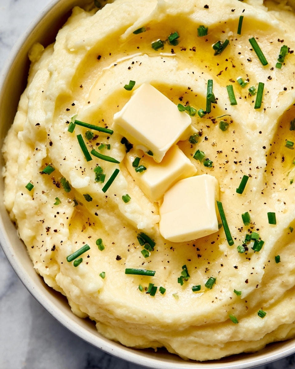 This close-up image shows a creamy mashed potato dish in a white bowl with thick, smooth swirls forming the top layer. Three small squares of melting yellow butter sit on the mashed potatoes, with pools of melted butter glistening around them. Bright green chopped chives are sprinkled evenly across the dish, along with small bits of cracked black pepper adding texture and contrast. The bowl rests on a white marbled surface, highlighting the rich, creamy texture and colors of the dish. photo taken with an iphone --ar 4:5 --v 7
