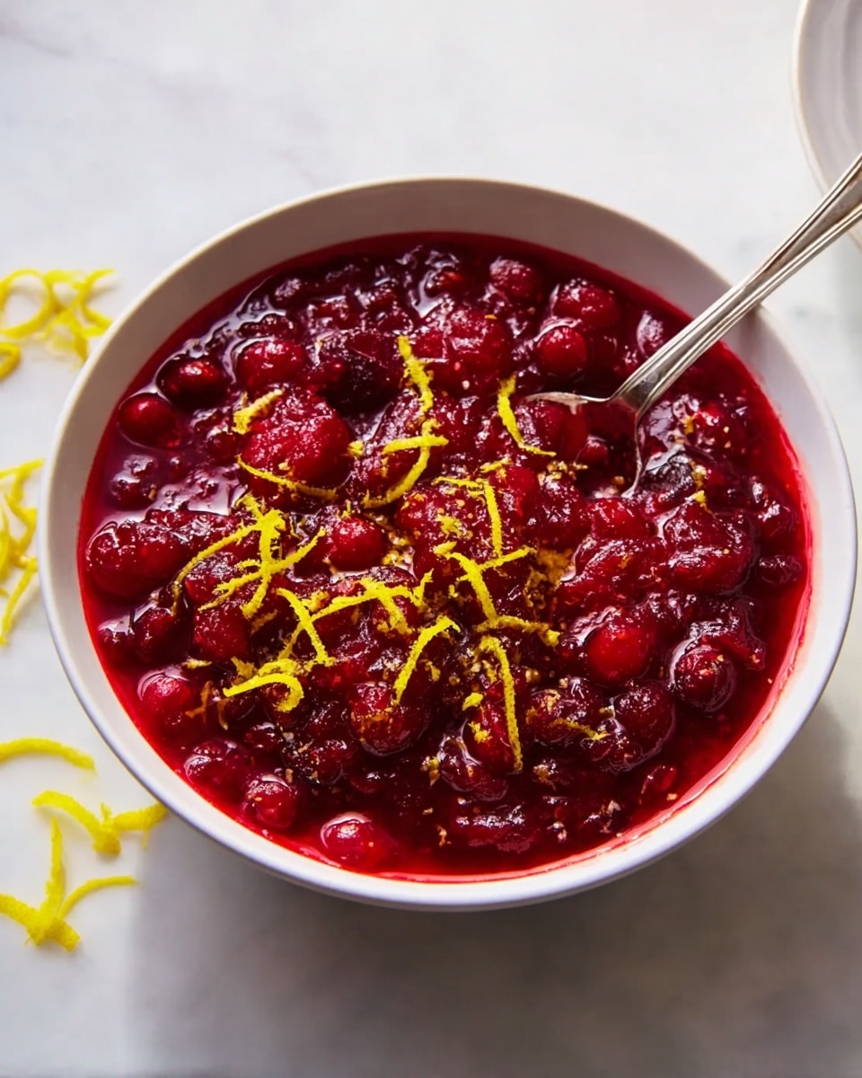 A white bowl is filled with a dark red cranberry sauce full of whole, shiny cranberries that are stacked in one thick layer. Bright yellow curls of lemon zest are scattered on top, adding a vibrant contrast to the deep red sauce. A silver spoon stands inside the bowl, resting on the edge, with some sauce clinging to it. The bowl sits on a white marbled surface with a few small pieces of lemon peel around it. The light shines softly, showing the glossy texture of the cranberries and zest. photo taken with an iphone --ar 4:5 --v 7