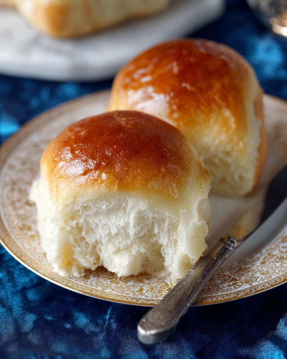 The image shows two soft, golden-brown dinner rolls on a white plate with a delicate brown decorative pattern. One roll is whole with a shiny, smooth top, while the other is torn open, revealing a fluffy and light interior texture. The plate sits on a deep blue cloth, and a stainless steel knife with a reflective handle lies nearby. The background features a white marbled texture. Photo taken with an iphone --ar 4:5 --v 7