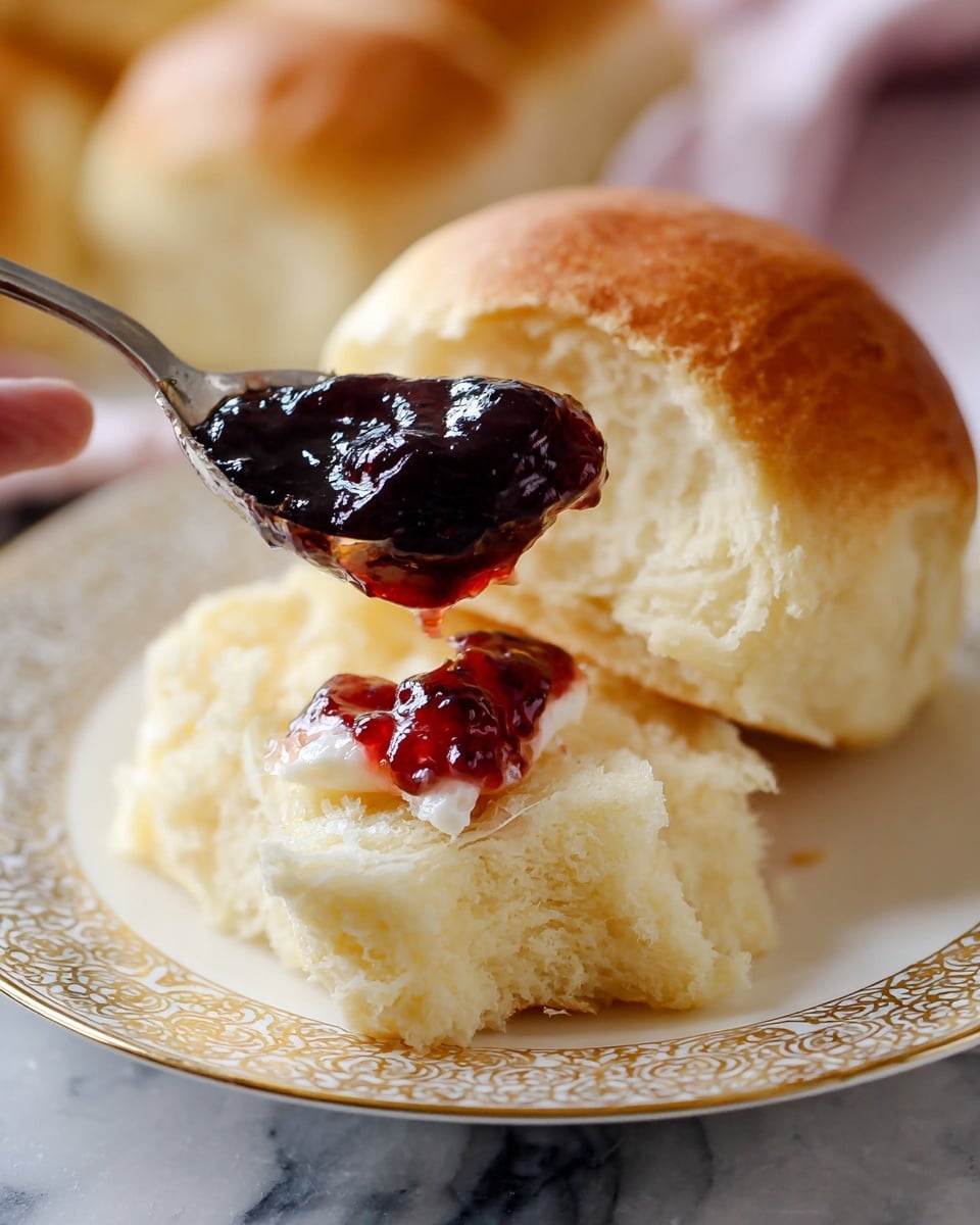 The image shows a close-up of a white plate with a golden patterned edge holding two soft, light beige bread rolls. One roll is whole with a smooth, shiny, golden brown top, and the other roll is torn open, revealing a fluffy, pale inside with a small spot of white cream or butter. A spoon drips a thick, dark red-purple jam onto the torn roll from above, highlighting the glossy texture of the jam. The plate sits on a white marbled surface with soft light and a blurred background, creating a warm and cozy atmosphere. Photo taken with an iphone --ar 4:5 --v 7