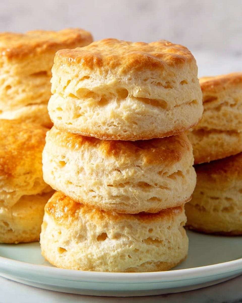 The image shows a close-up of a stack of golden brown biscuits with a flaky texture. The biscuits have three visible layers with a light, slightly fluffy interior and a crispy, shiny top layer. The biscuits are piled on top of each other, highlighting their round shape and fluffy inside. The background has a white marbled texture, and the biscuits appear warm and fresh. photo taken with an iphone --ar 4:5 --v 7