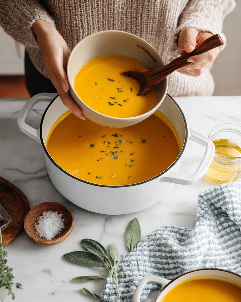 A creamy orange soup with small green herb pieces is being poured from a large copper ladle into a small white bowl held by a woman's hand. The soup pot is white with a black inside and sits on a white marbled surface. A blue and white checkered cloth is next to the pot, and some green leaves, a small wooden bowl with salt, a clear small bottle with yellow liquid, and a wooden pepper grinder are placed around. The person wearing a gray knitted sweater is visible in the background. photo taken with an iphone --ar 4:5 --v 7