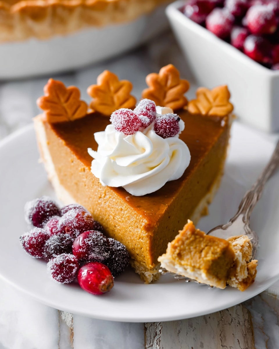 A slice of pumpkin pie sits on a white plate over a white marbled surface, showing two layers: a light golden crust at the bottom and a smooth, orange pumpkin filling on top. The pie edge is decorated with two brown, leaf-shaped cookies positioned near the thicker crust. On the pumpkin filling, there is a white dollop of whipped cream, surrounded by red and purple sugared cranberries placed on the plate and pie. A silver fork with a small piece of pie is resting on the right side of the plate. In the background, a white square bowl filled with sugared cranberries is slightly blurred. Photo taken with an iphone --ar 4:5 --v 7