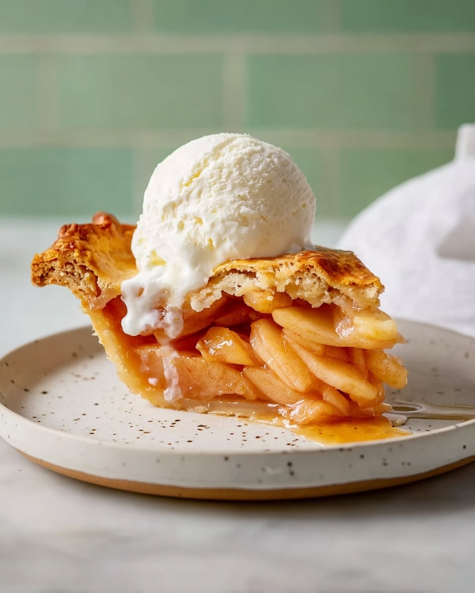 A single slice of apple pie with a golden brown crust, layered with translucent, slightly shiny orange-brown apple slices inside, sits on a white speckled plate. On top of the pie slice, there is a round scoop of creamy white ice cream slowly melting, with some melted ice cream dripping down onto the pie and the plate. The background shows a wooden surface and a soft blue wall, and a white cloth is partially visible next to the plate. photo taken with an iphone --ar 4:5 --v 7