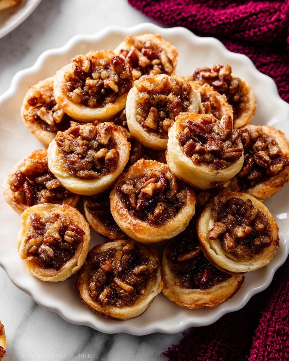 The image shows several small tarts on a white marbled surface. Each tart has a golden brown crust at the bottom, appearing crisp and slightly thick. The filling is rich and dark brown with a textured, slightly bubbly appearance. On top of each tart, there are pieces of walnuts that are toasted and have a deep brown color. Some coarse white salt crystals are sprinkled over the walnuts and filling, adding contrast. The tarts are close together, filling the frame with a warm, inviting look. photo taken with an iphone --ar 4:5 --v 7