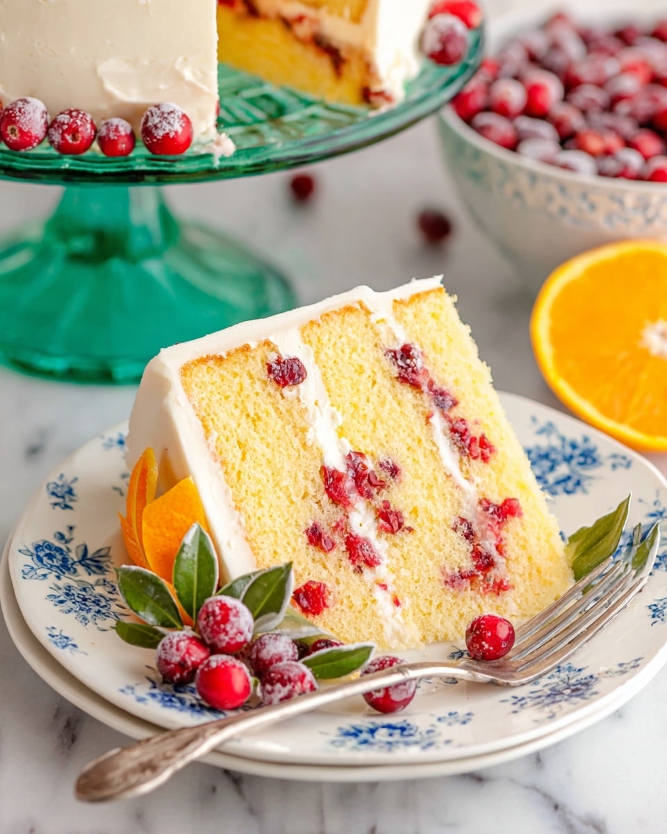 A three-layer slice of pale yellow cake with red berries baked inside each layer is placed on a white plate with blue floral designs. Between each cake layer, there is a creamy white frosting that also covers the outside of the slice. Fresh red berries and orange peel decorate one side of the slice, and there is a small orange wedge with a green herb sprig next to it. A silver fork rests on the right side of the plate. In the background, there is a white bowl full of red berries and a cake on a green glass stand, all set on a white marbled surface. photo taken with an iphone --ar 4:5 --v 7
