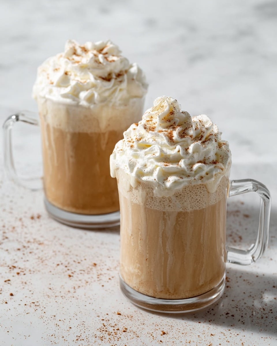 Two clear glass mugs filled with light brown creamy coffee, each topped with a thick layer of white whipped cream that has a soft, fluffy texture. The whipped cream is sprinkled with a light dusting of cinnamon or cocoa powder, adding a speckled light brown detail on top. Some whipped cream drips slightly down the sides of the mugs, showing a bit of glossiness from the coffee beneath. The mugs are placed on a white marbled surface with small scattered specks of the same cinnamon or cocoa powder around them. photo taken with an iphone --ar 4:5 --v 7
