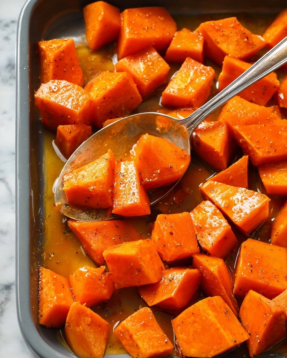 The image shows a close-up view of a gray baking tray filled with evenly cut chunks of bright orange sweet potatoes coated in a shiny, slightly thick sauce. The sweet potatoes have a smooth texture with a light coating of seasoning visible as small specks. A silver spoon is scooping up several pieces from the tray, with some sauce pooled around the pieces. The background is a white marbled surface. photo taken with an iphone --ar 4:5 --v 7