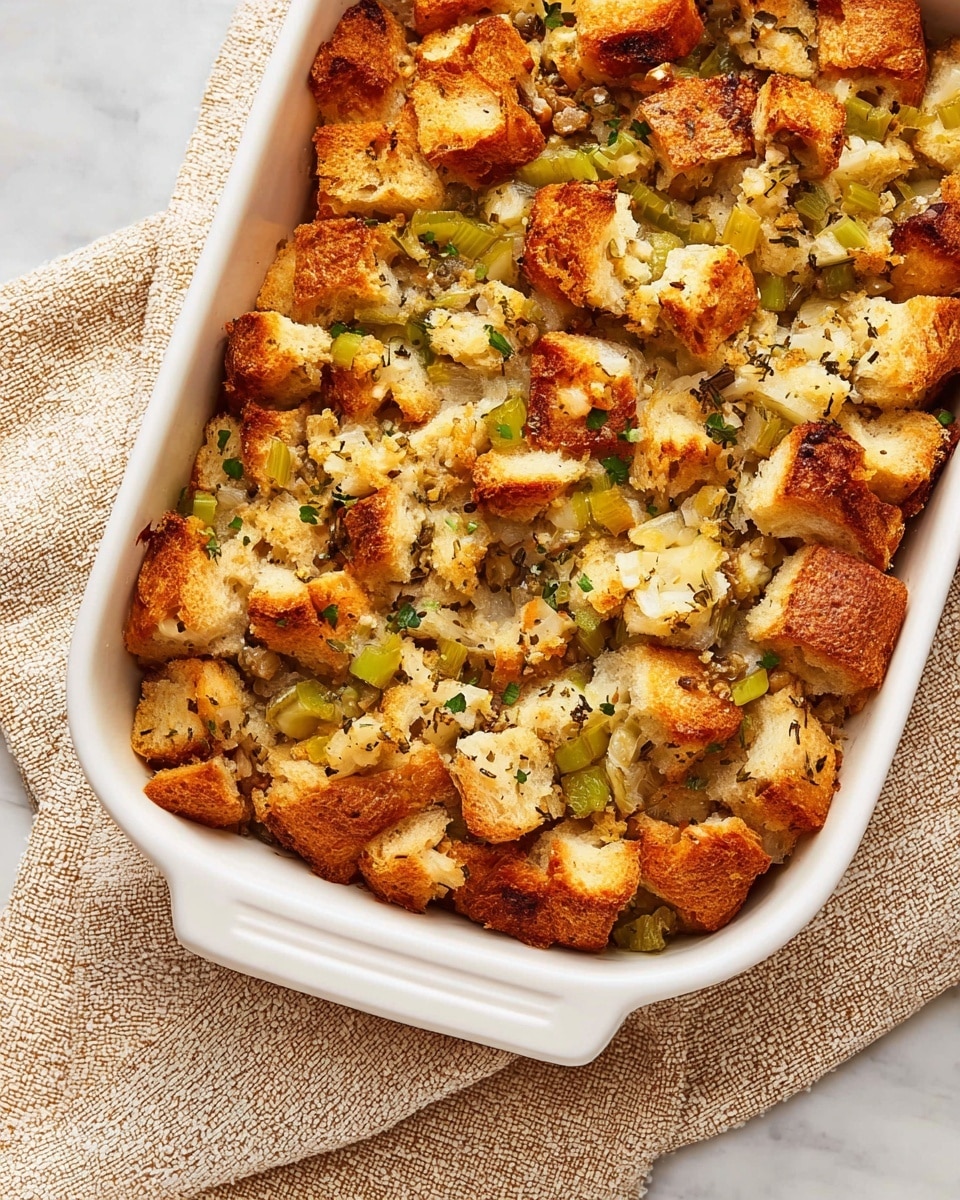 A close-up view of a white baking dish filled with a layered bread stuffing. The top layer is made up of golden-brown toasted bread cubes with a crunchy texture, speckled with small green herbs. Below this, there is a soft, light beige bread mixture mixed with pieces of bright green celery. A wooden spatula is lifting a section from the dish, showing the inside layers with chunks of bread and celery evenly spread. The white baking dish sits on a cream-colored textured cloth, all placed on a white marbled surface. Photo taken with an iphone --ar 4:5 --v 7