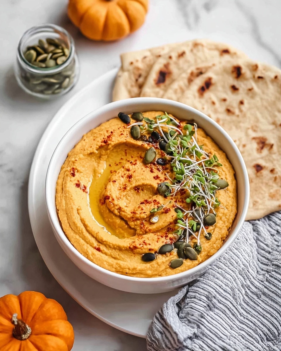 A white bowl filled with creamy pumpkin-colored hummus with a smooth and thick texture, swirled in the middle to hold a small pool of olive oil that glistens warmly. On the left side of the hummus, there is a sprinkle of dark pumpkin seeds, bright green microgreens, small black seeds, and a dusting of orange-red spice powder. The bowl is placed on a white marbled surface, with triangular pieces of light brown flatbread arranged behind it. A gray and white striped cloth is partially visible on the right side of the image. Photo taken with an iphone --ar 4:5 --v 7