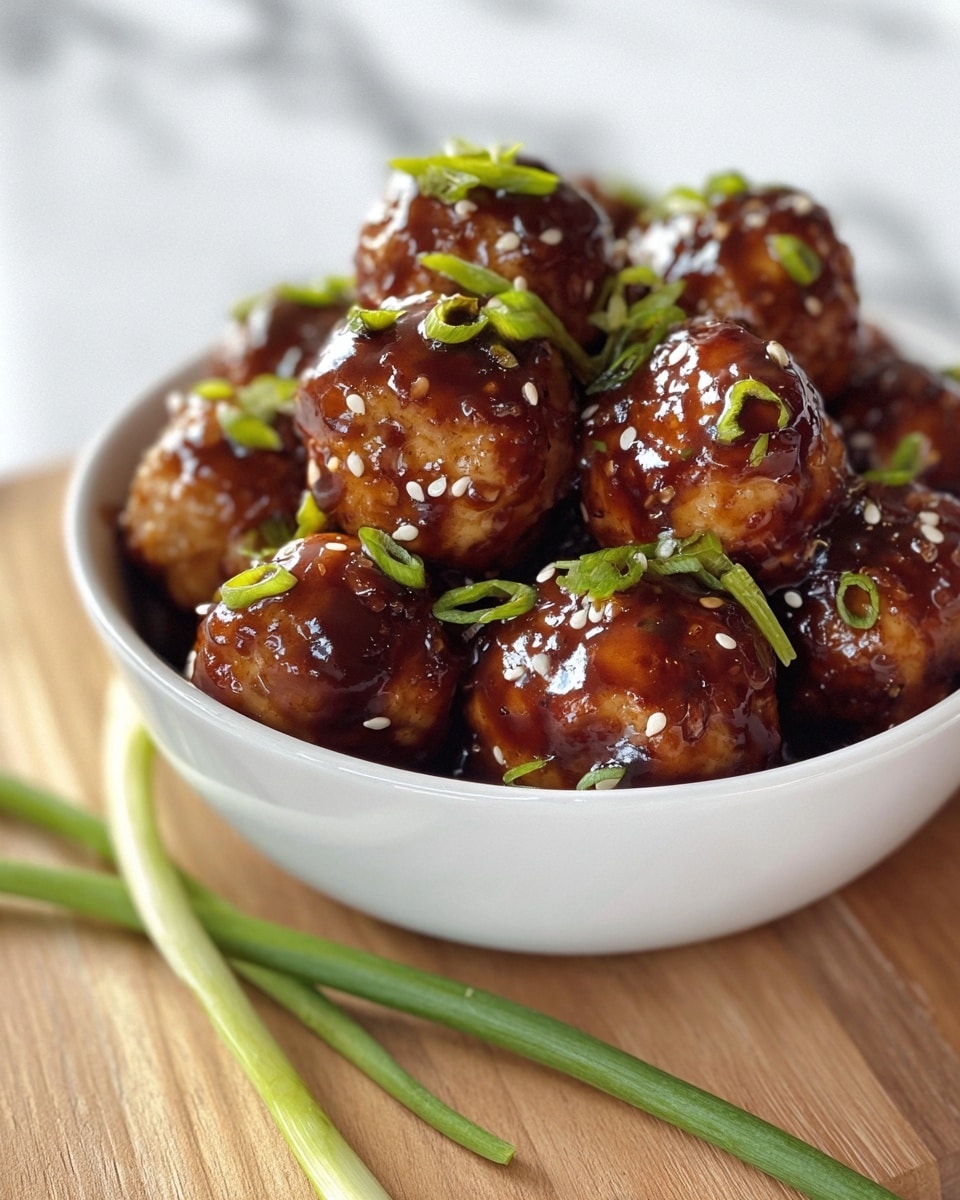 A white bowl filled with several round, golden-brown meatballs coated in a shiny dark brown sauce, each sprinkled with small white sesame seeds and chopped green onions. The bowl sits on a light wooden surface with two long green onion stalks placed diagonally beside it. The whole scene is set against a white marbled background, creating a fresh and clean look. Photo taken with an iphone --ar 4:5 --v 7