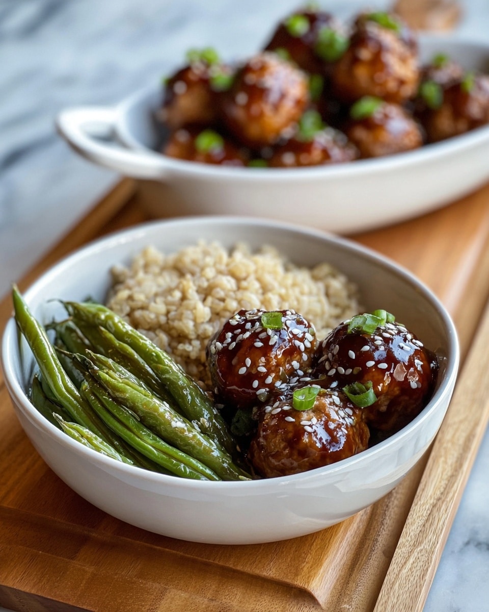 A white bowl contains three main layers: a serving of light brown rice at the front bottom, bright green roasted green beans neatly stacked on the left side, and three golden-brown meatballs covered with a glossy dark brown sauce, sprinkled with white sesame seeds and small green onion pieces on the right side. In the background, there's a white oval dish filled with more of the sauced meatballs, slightly blurred. All dishes are placed on a wooden board with a white marbled surface underneath. Photo taken with an iphone --ar 4:5 --v 7