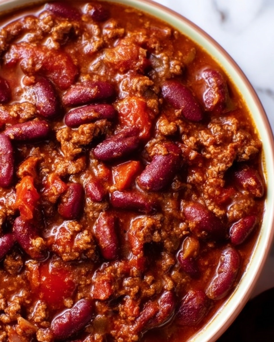 A close-up view of a bowl filled with thick chili showing a rich blend of dark red kidney beans mixed with finely textured minced meat and chunks of bright red tomatoes. The chili has a glossy sauce with a deep reddish-brown color, with the beans and meat evenly spread throughout the dish. The bowl is white with a smooth rim, placed on a white marbled surface. The focus is on the hearty texture and vibrant colors of the chili filling the bowl. photo taken with an iphone --ar 4:5 --v 7