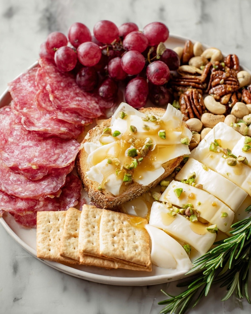 A white plate with folded slices of pink salami on the left, a bunch of red grapes behind the salami, and a group of mixed nuts at the back right. In the middle, a piece of crusty bread topped with melted pale yellow cheese, honey drizzle, and small green nuts. On the right side of the plate, soft creamy white cheese is cut into flat triangular slices, with a drizzle of honey and small green nuts sprinkled on top. In front, a row of light brown square crackers is placed flat. A sprig of green rosemary lies at the plate’s bottom right edge. The plate sits on a white marbled background, photo taken with an iphone --ar 4:5 --v 7