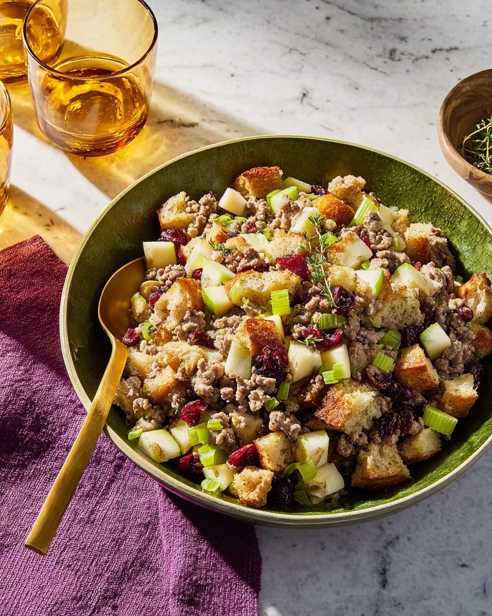 A large white bowl filled with a mixed salad of three layers: the base layer has chopped light green celery pieces, the middle layer has browned ground meat bits mixed with light yellow diced apples, and the top layer has chunks of toasted bread in light brown with some red dried cranberries scattered on top, garnished with small green herb leaves. A golden spoon rests inside the bowl on the left side. The bowl is placed on a white marbled surface with a purple towel on the left and two textured amber glasses in the background. Photo taken with an iphone --ar 4:5 --v 7