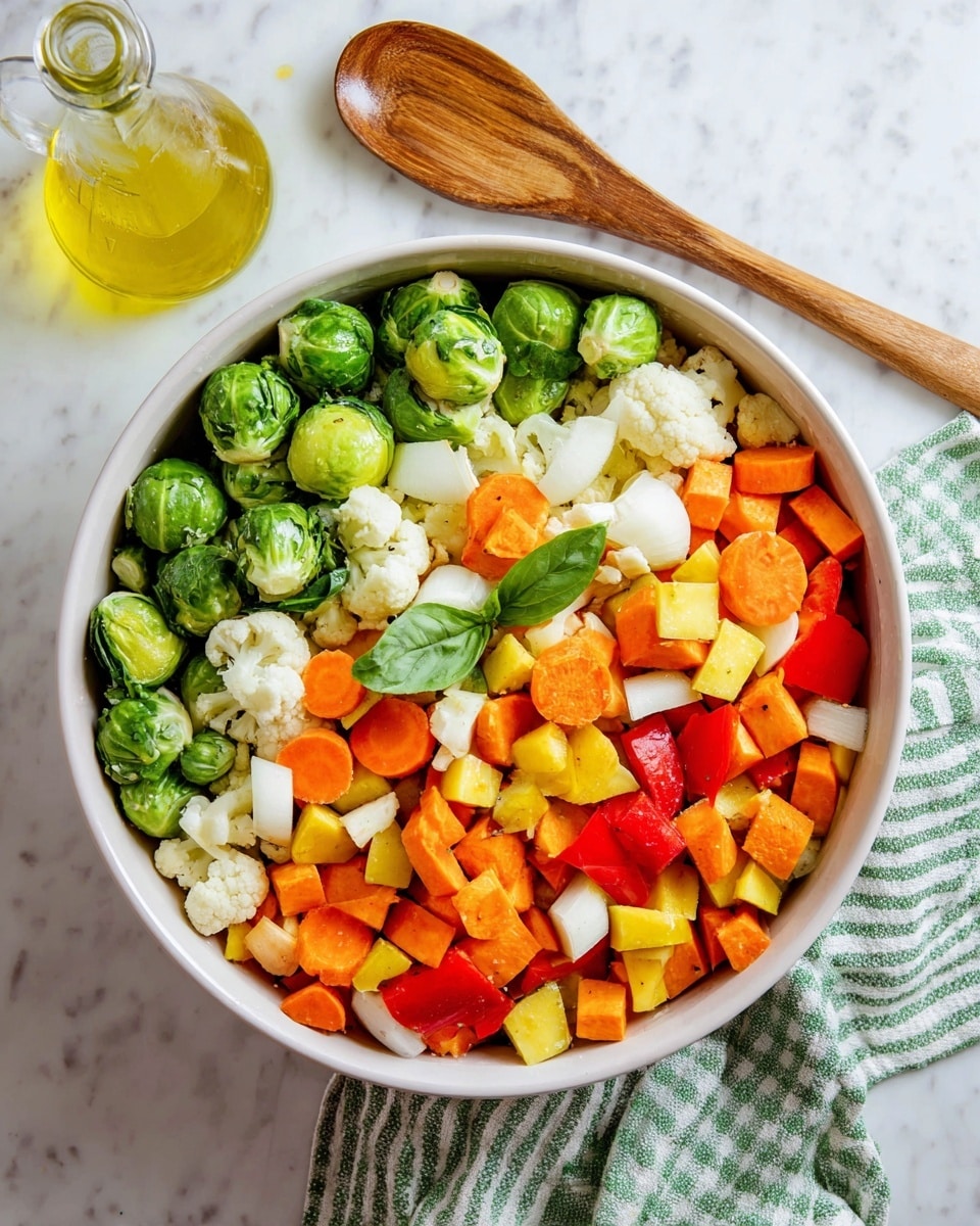 The image shows a large baking tray filled with an assortment of roasted vegetables evenly spread in one layer. The vegetables include bright orange carrot slices, golden brown sweet potato cubes, green broccoli florets, pale cauliflower pieces, light yellow potato chunks, caramelized Brussels sprouts, and translucent onion pieces. The vegetables have a slightly charred texture, showing hints of crisp edges and soft centers. The tray is placed on a white marbled surface with a green and white striped cloth and a wooden spoon beside it. Photo taken with an iphone --ar 4:5 --v 7
