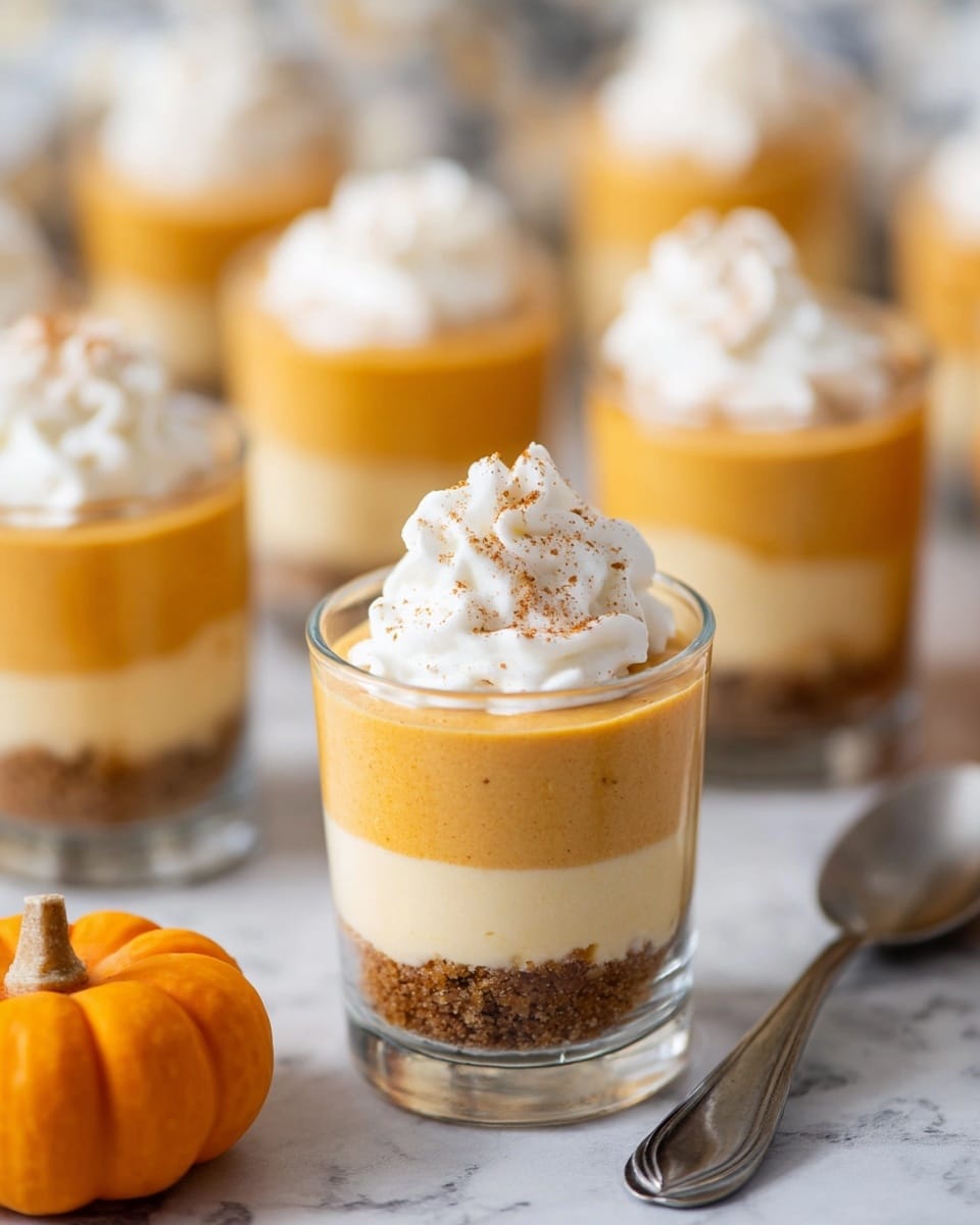 The image shows several small clear cups filled with three visible layers of dessert. The bottom layer is a crumbly, brown crust. The middle layer is a smooth, creamy light orange pumpkin filling with tiny specks inside. On top, there is a thick swirl of white whipped cream with a light sprinkle of brown crumbles. The cups are placed on a white marbled surface, and a spoon is visible next to one cup. A small orange pumpkin is slightly blurred in the background. photo taken with an iphone --ar 4:5 --v 7