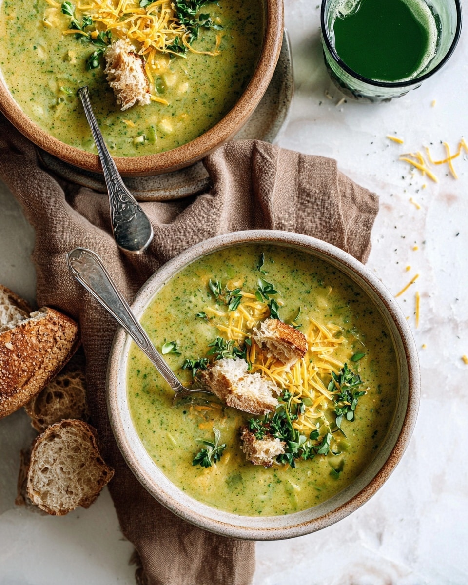 A white bowl filled with thick green soup that has a slightly chunky texture, topped with small pale yellow cheese shreds, bright green chopped herbs sprinkled all over, and pieces of torn golden brown bread placed in the center. The bowl rests on a crumpled brown cloth over a white marbled surface. In the background, there is a second bowl slightly blurred with the same soup. Photo taken with an iphone --ar 4:5 --v 7