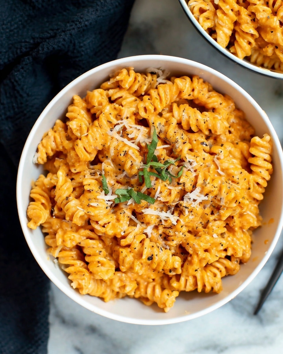 A white bowl filled with bright orange rotini pasta covered in creamy sauce, with small bits of green parsley scattered on top. The pasta is sprinkled with grated white cheese and black pepper, giving it a slightly speckled look. The bowl sits on a white marbled surface. Photo taken with an iphone --ar 4:5 --v 7