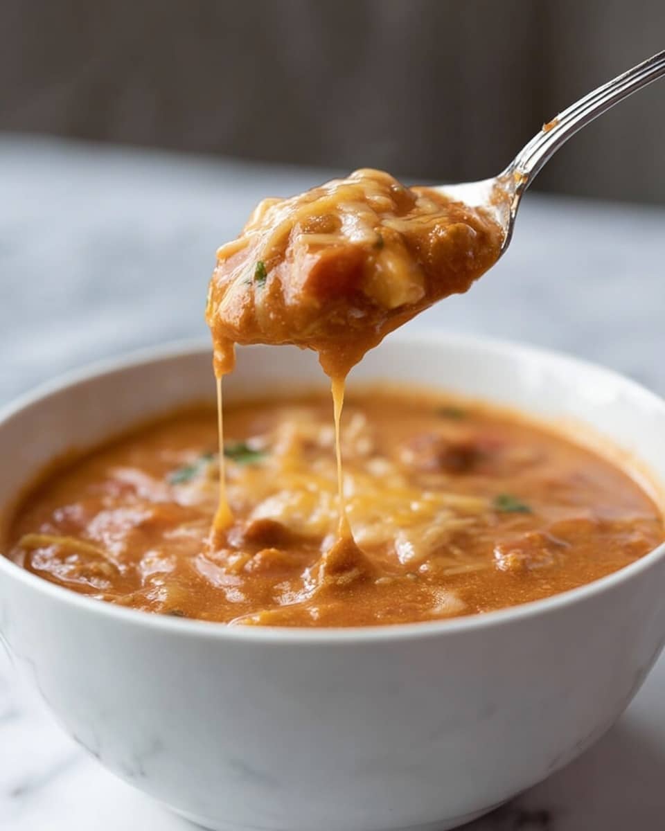 A close-up view of a white bowl filled with a thick, orange-brown soup that has a chunky texture with visible bits of vegetables and melted cheese. A silver spoon is lifted above the bowl, holding a generous scoop of the soup, with strings of melted cheese dripping down from the spoon back into the bowl. The background has a soft blur, and the bowl is placed on a white marbled surface. photo taken with an iphone --ar 4:5 --v 7